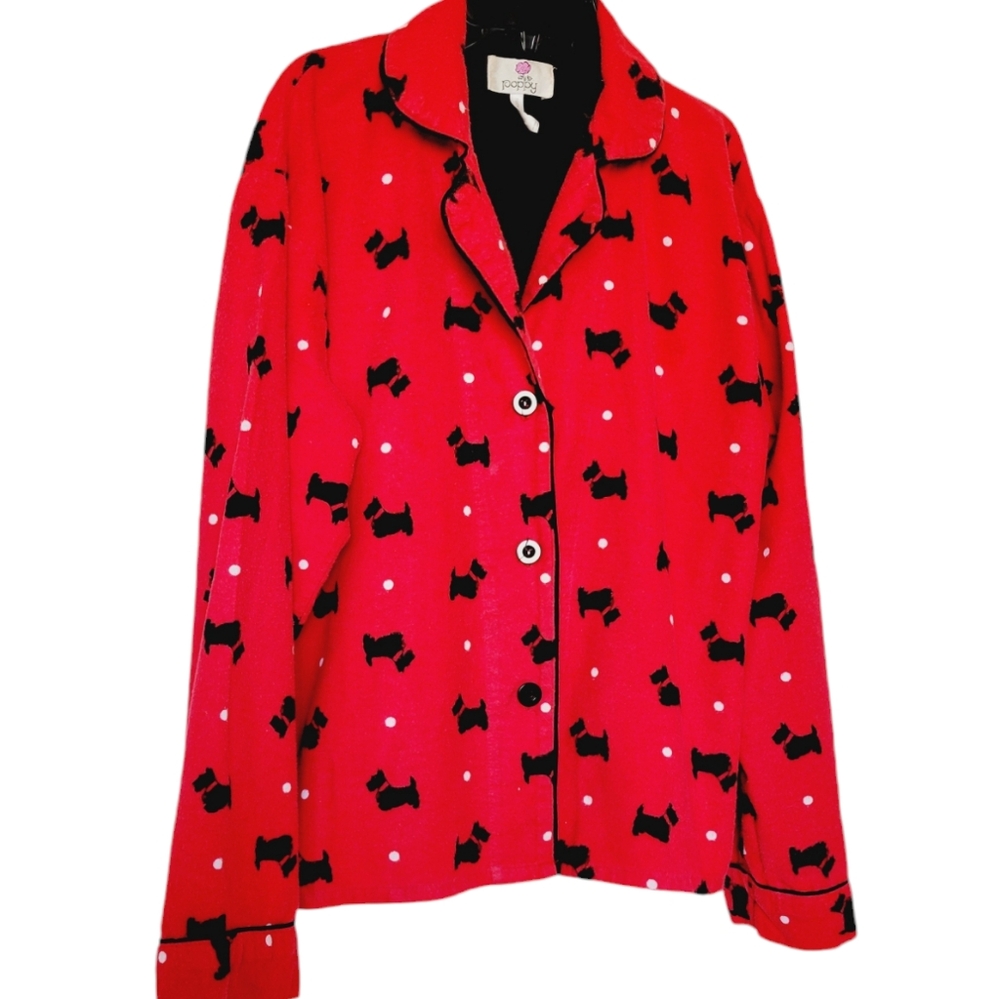 Poppy Cotton Flannel Button-down Sleep Shirt Scottie Dog Print